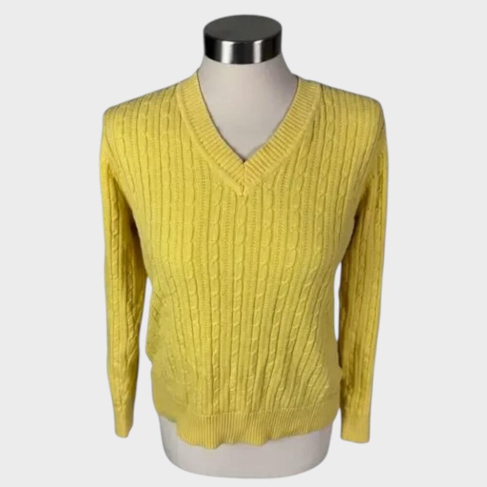 Studio Works Womens Small V Neck Yelllow Cable Knit Sweater Cotton